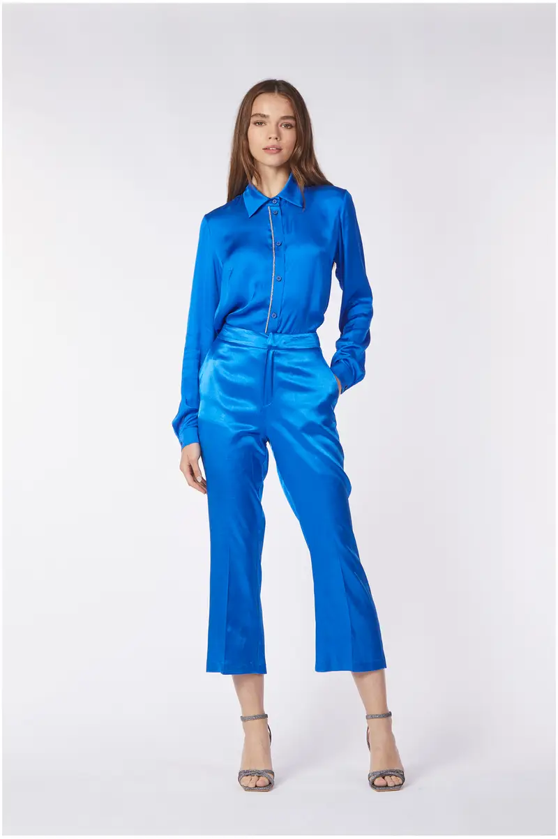 pantaloni cropped flare in raso di viscosa zaffiro 42