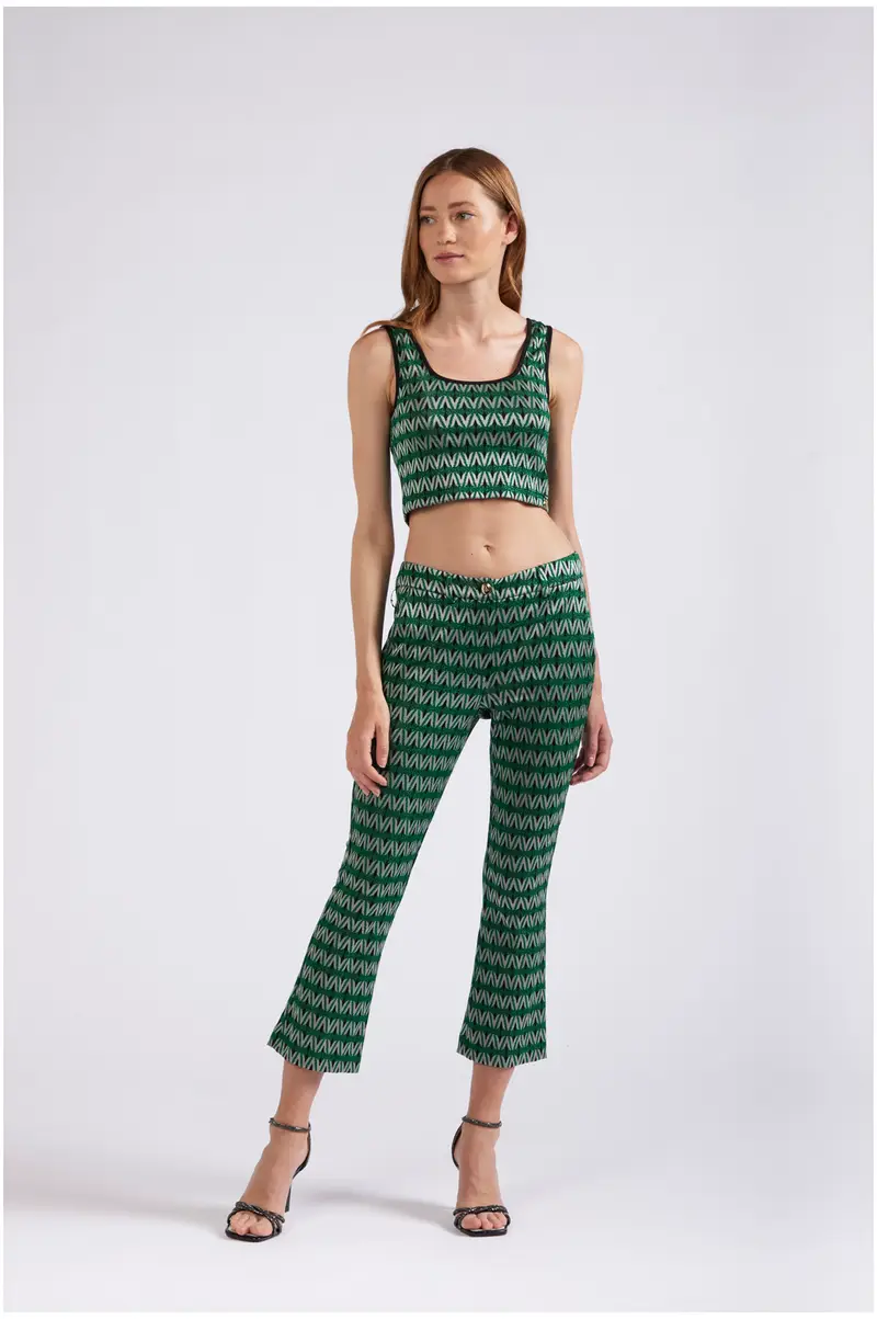 pantaloni cropped flare tessuto jacquard rombo multiverde