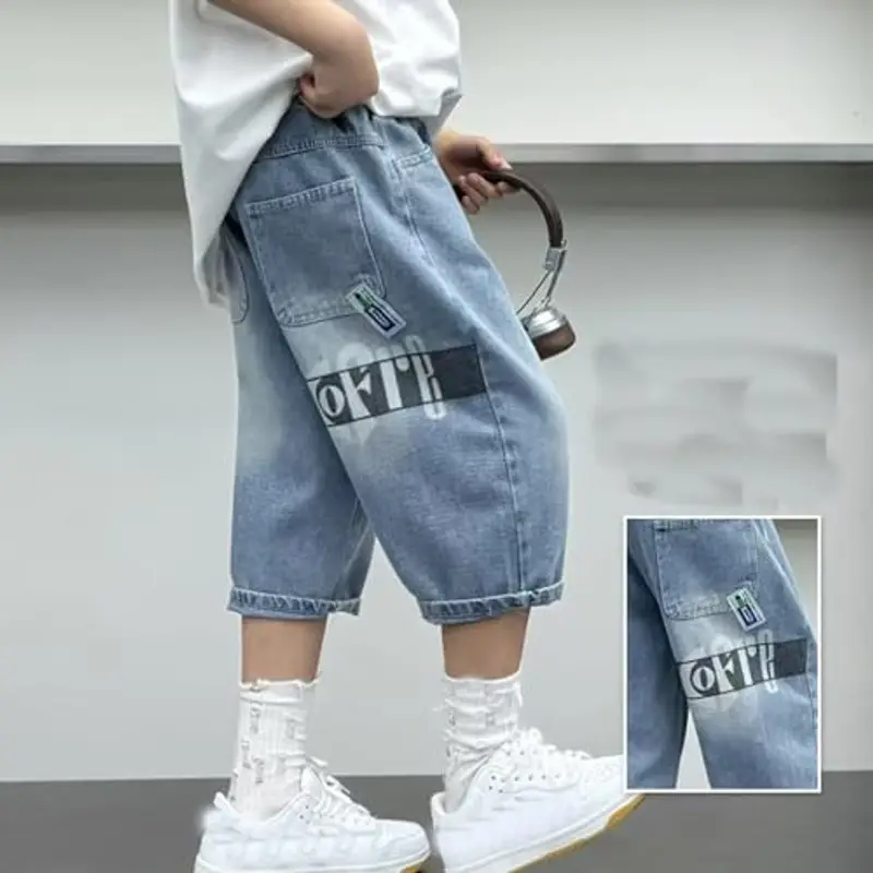Pantaloni della tuta per bambini Streetwear Hip Hop allentato elastico in vita Loose Fit Cargo Denim Joggers Pantaloni miniatura 3