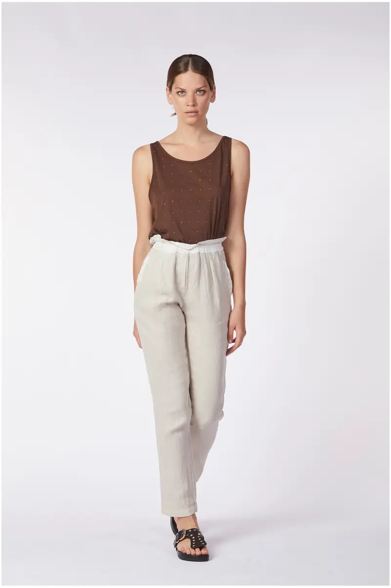 pantaloni in lino e viscosa dalla vita elastica avorio l