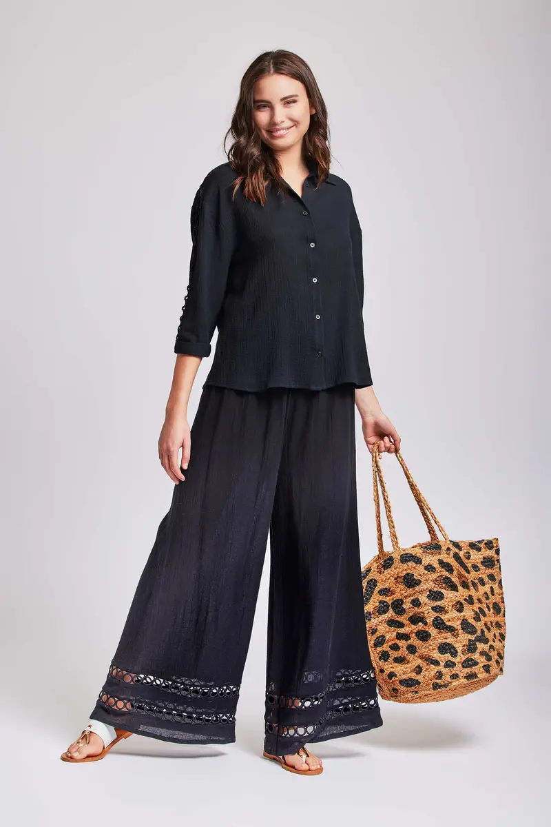 PANTALONI PALAZZO CON MERLETTI INTARSIATI | Colore: Nero | Taglia: L
