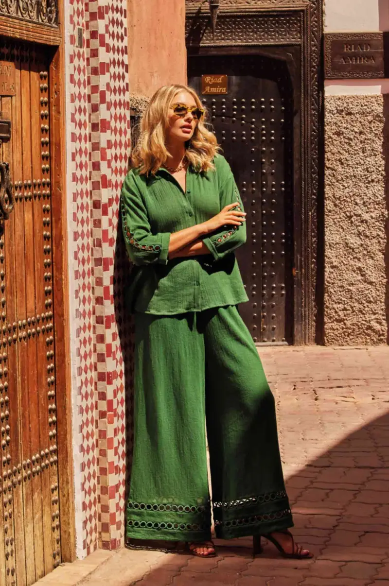 PANTALONI PALAZZO CON MERLETTI INTARSIATI | Colore: Verde | Taglia: XL