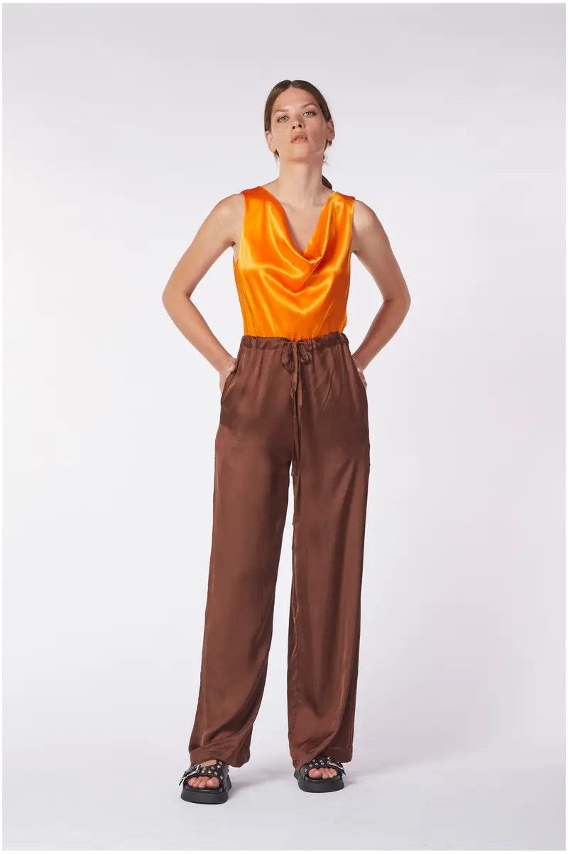 pantaloni palazzo con vita elastica e coulisse di tessuto di viscosa espresso m