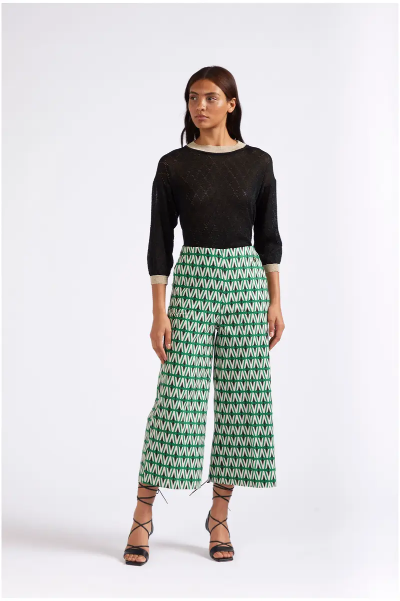 pantaloni palazzo cropped in popeline stampato rombo multiverde