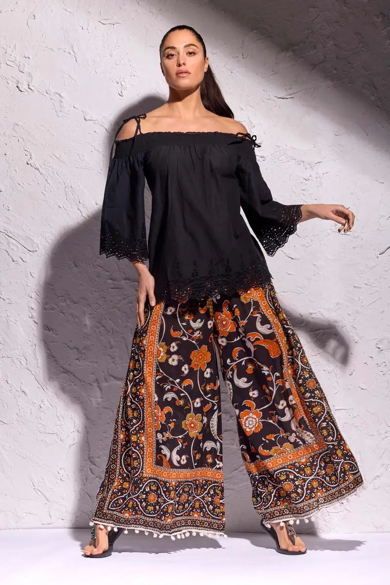 PANTALONI PALAZZO FANTASIA ETNICA | Colore: Nero | Taglia: M