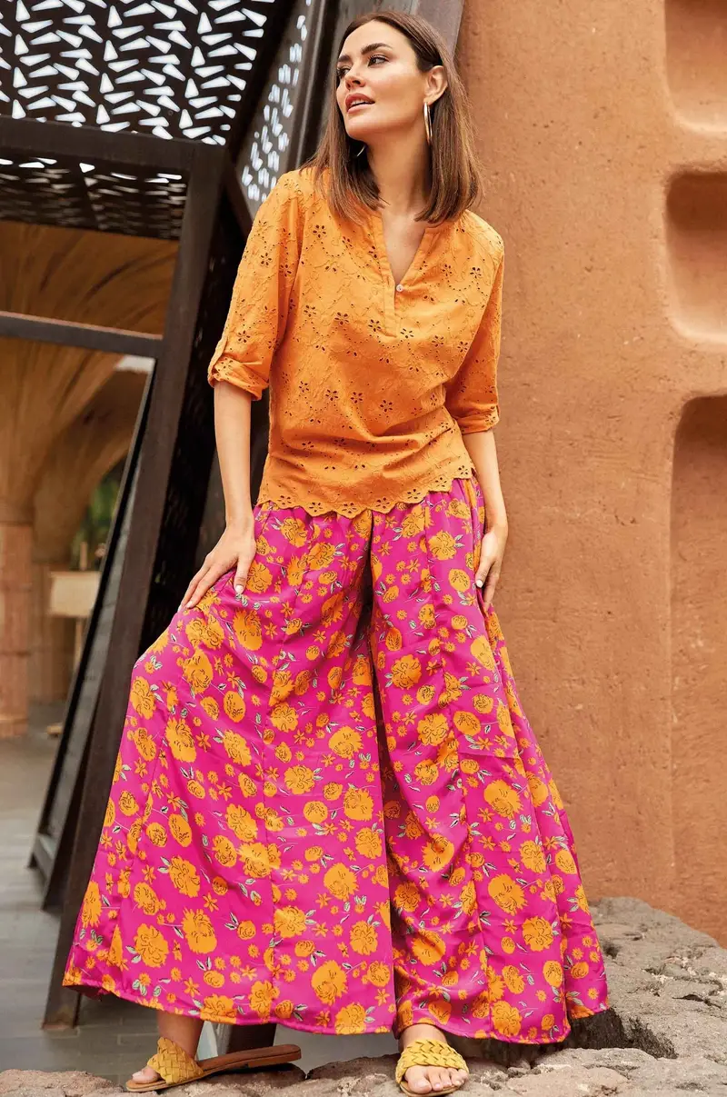 PANTALONI PALAZZO FIORI ARANCIO | Colore: Multi | Taglia: L