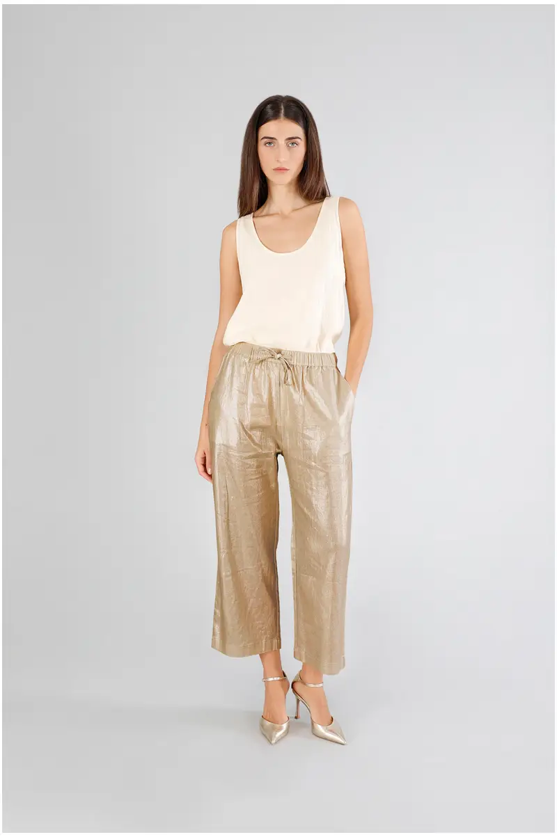 pantaloni palazzo in lino placcato oro
