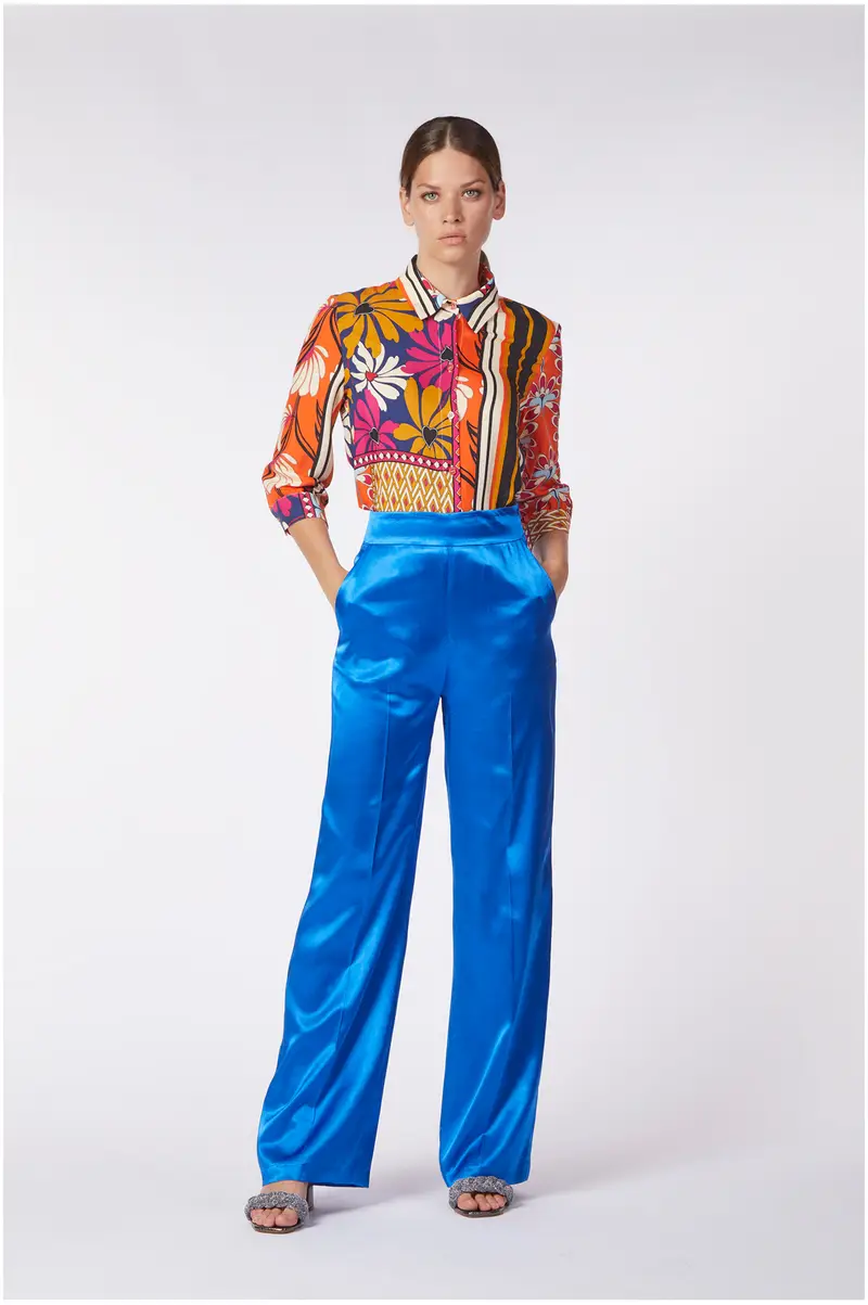 pantaloni palazzo in raso di viscosa zaffiro