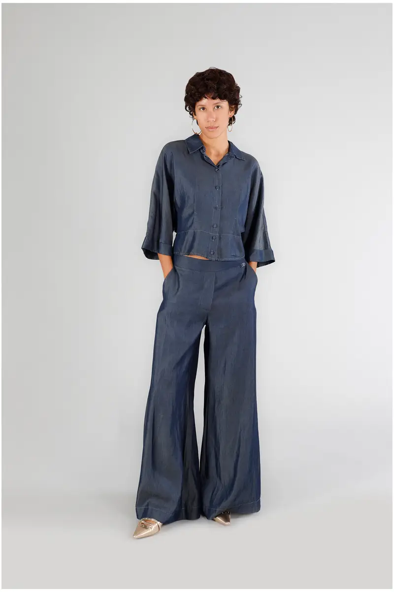 pantaloni palazzo in tencel denim indaco l