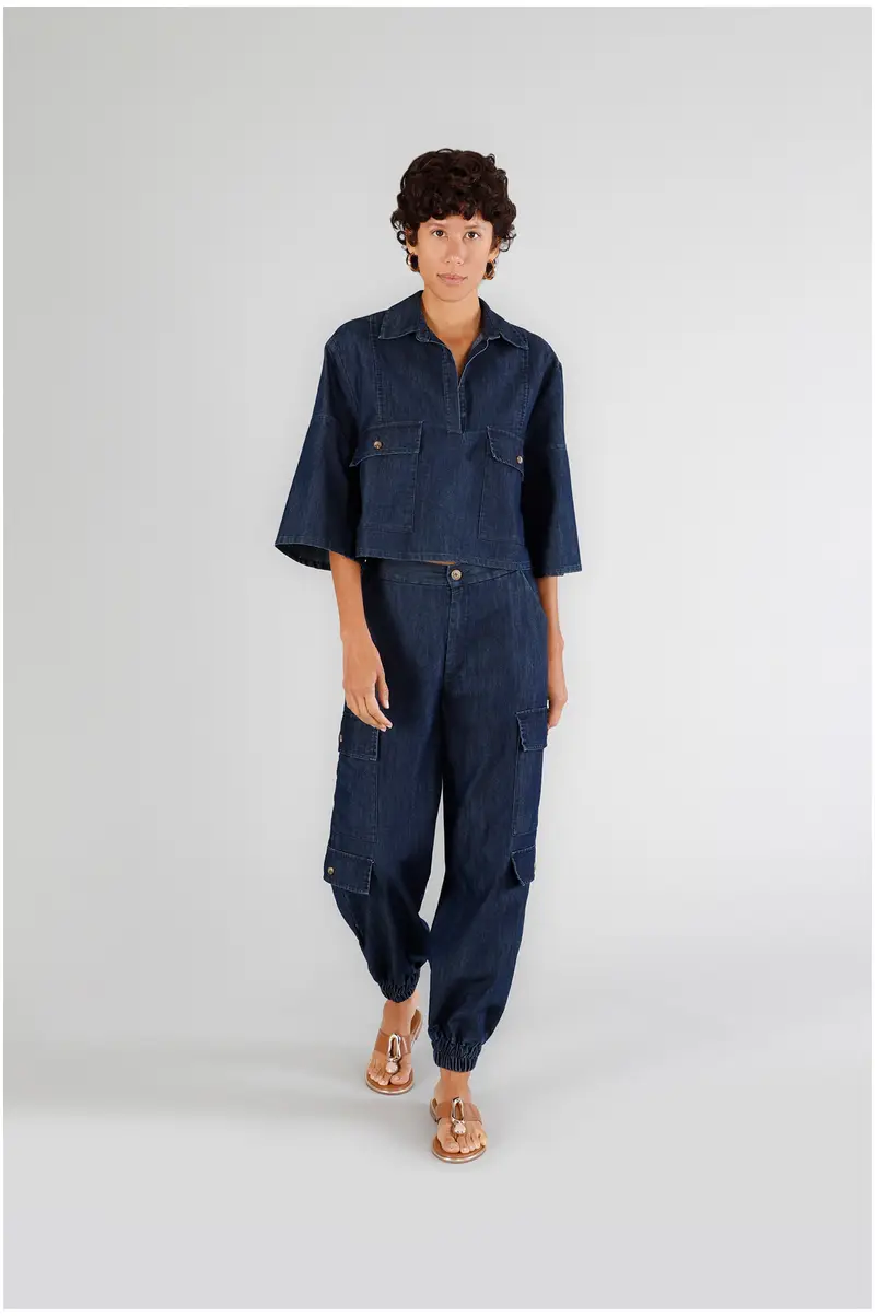 pantaloni tipo cargo in tela denim indaco l