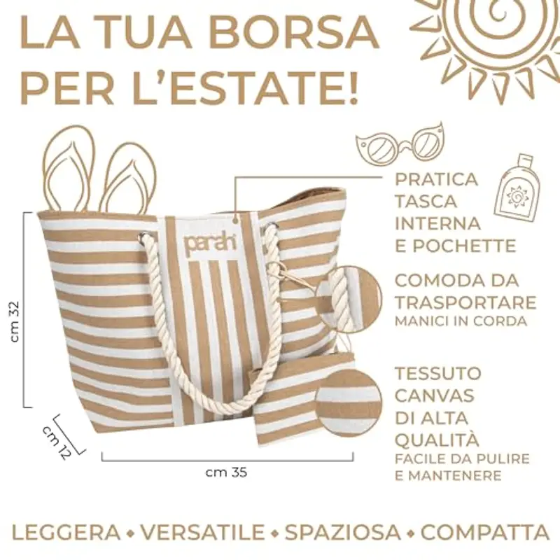 PARAH - Borsa da Mare Grande 48 x 32, Fashion e Versatile, Colori Assortiti (Sabbia) miniatura 2