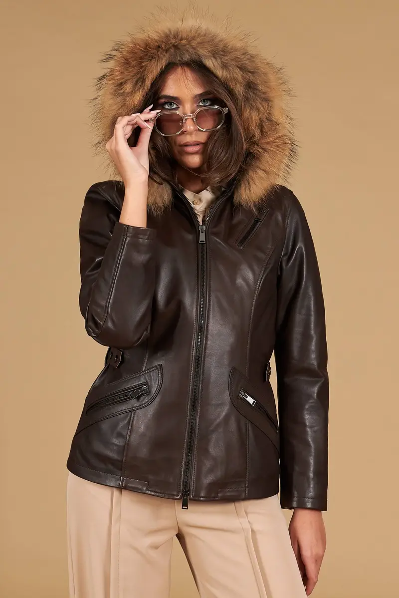 Parka in pelle testa di moro con cappuccio in pelliccia effetto liscio D'Arienzo, Seleziona Taglia S, Colore Testa di moro