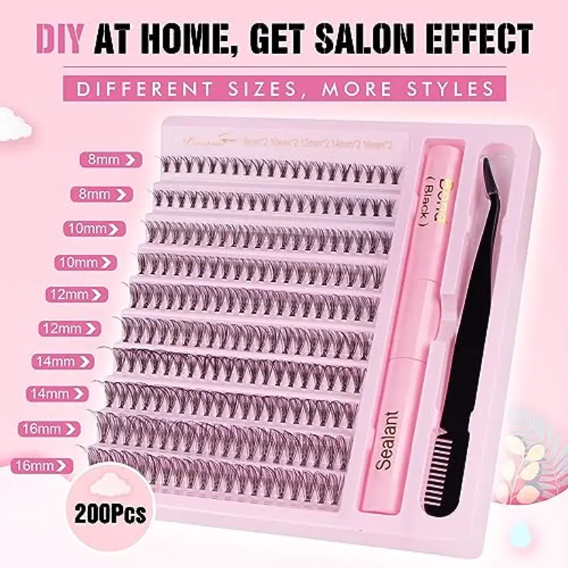 Parriparri Ciglia Finte Ciuffetti Kit 200pcs D Curl 8-16 mm Naturali Extension Ciglia con Bond e Seal e Pinzette Ciglia miniatura 2