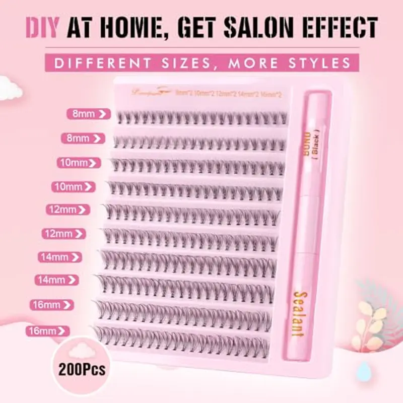 Parriparri Ciglia Finte Kit con Colla Naturali Extension Ciglia con Bond e Seal 200pcs 20D C Curl Ciglia Finte Cluster MIX 8-16mm Ciglia DIY Extension per Ciglia Set miniatura 2
