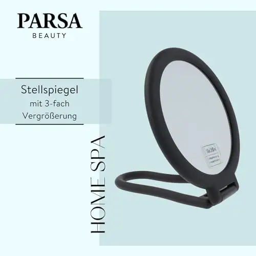 PARSA Beauty - Specchio cosmetico con finitura soft-touch, nero, rotondo, a due lati, ingrandimento normale e 3x per miniatura 2