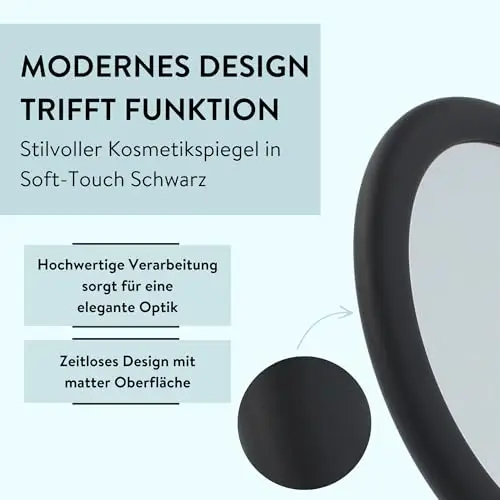 PARSA Beauty - Specchio cosmetico con finitura soft-touch, nero, rotondo, a due lati, ingrandimento normale e 3x per miniatura 3