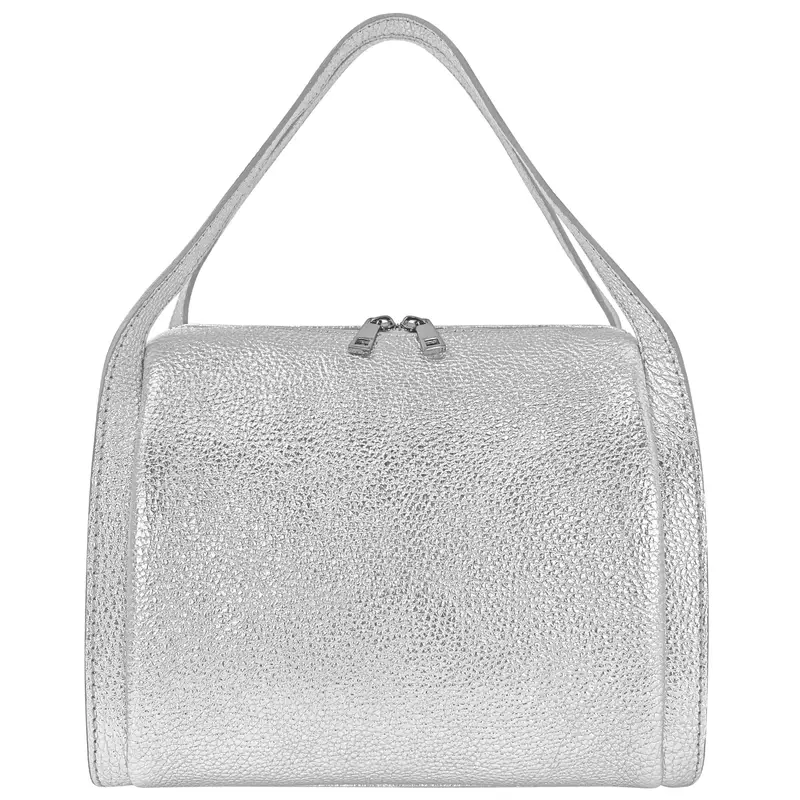 Borsa Donna a Mano, In Vera Pelle Laminata, Made in Italy, Modello Anette Argento
