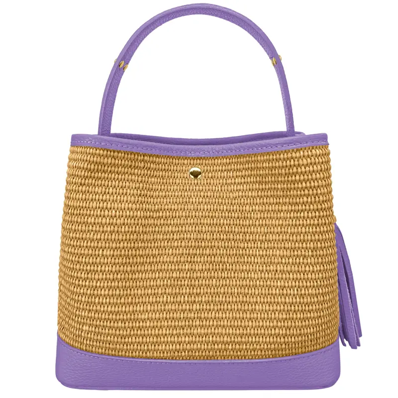 Borsa Secchiello Donna a Mano con Tracolla, In Vera Pelle e Rafia Naturale, Made in Italy, Modello Elide Malva miniatura 3