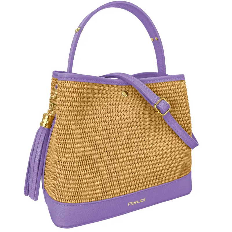 Borsa Secchiello Donna a Mano con Tracolla, In Vera Pelle e Rafia Naturale, Made in Italy, Modello Elide Verde Foresta miniatura 2