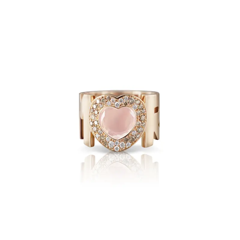 Anello in Oro Rosa con Quarzo Rose e Diamanti Bianchi e Champagne