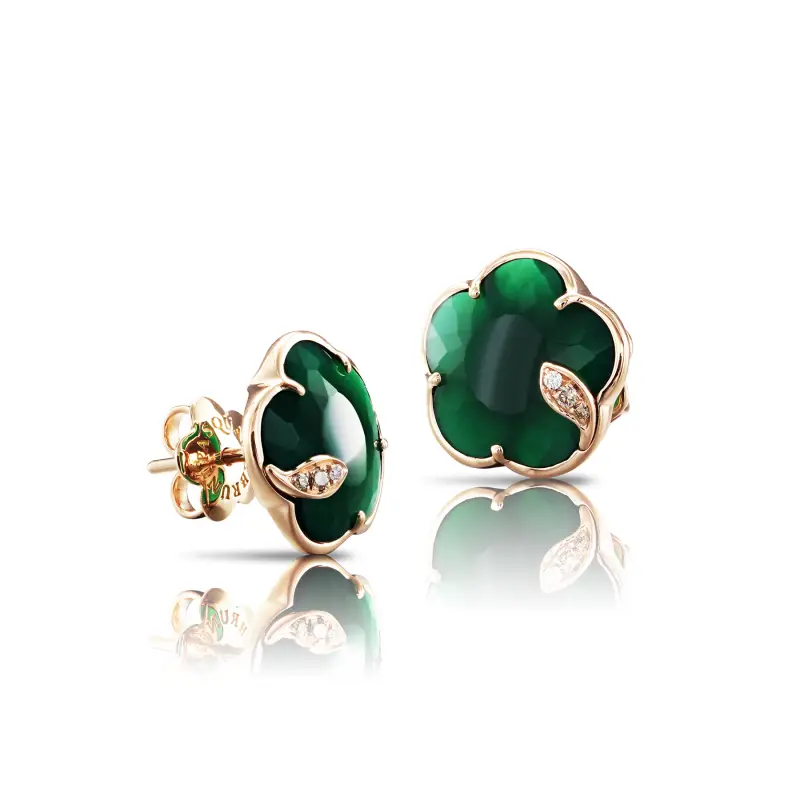 Orecchini in Oro Rosa con Agata Verde, Diamanti Bianchi e Champagne
