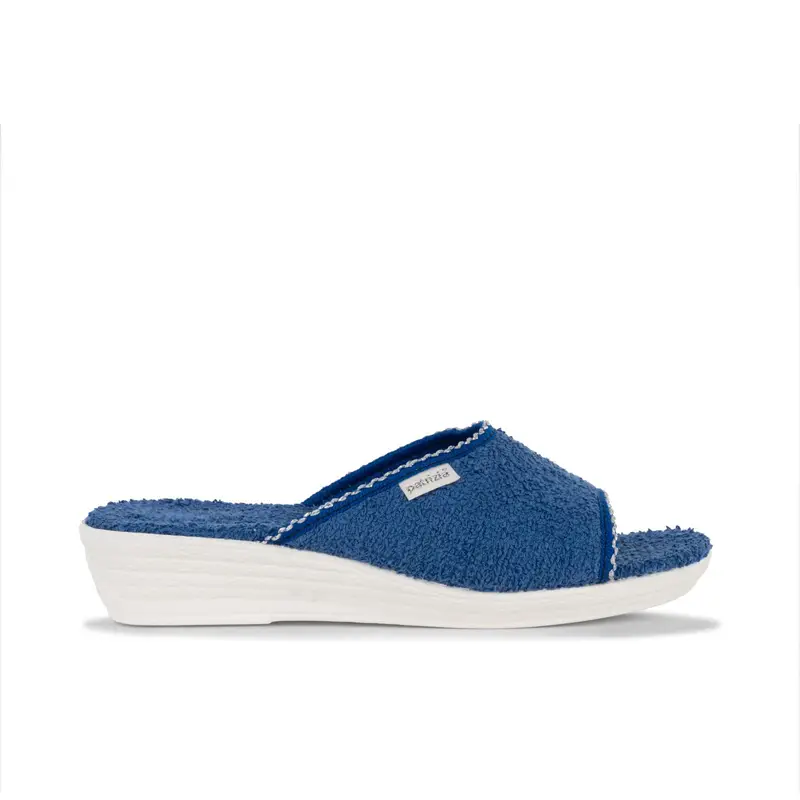 Ciabatte casa spuntate blu da donna in spugna con zeppina