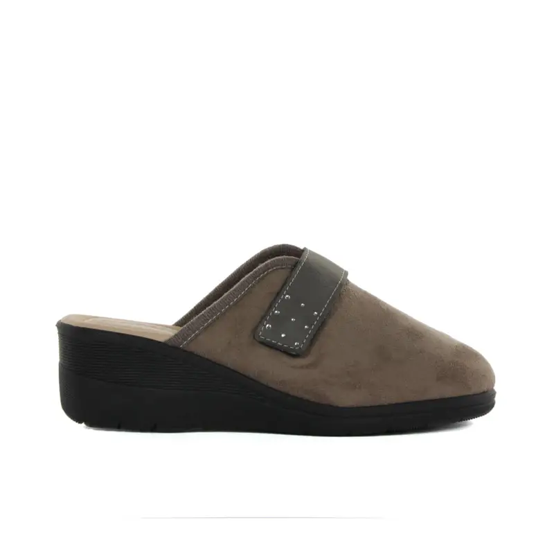 Ciabatte donna beige da casa con zeppina e velcro