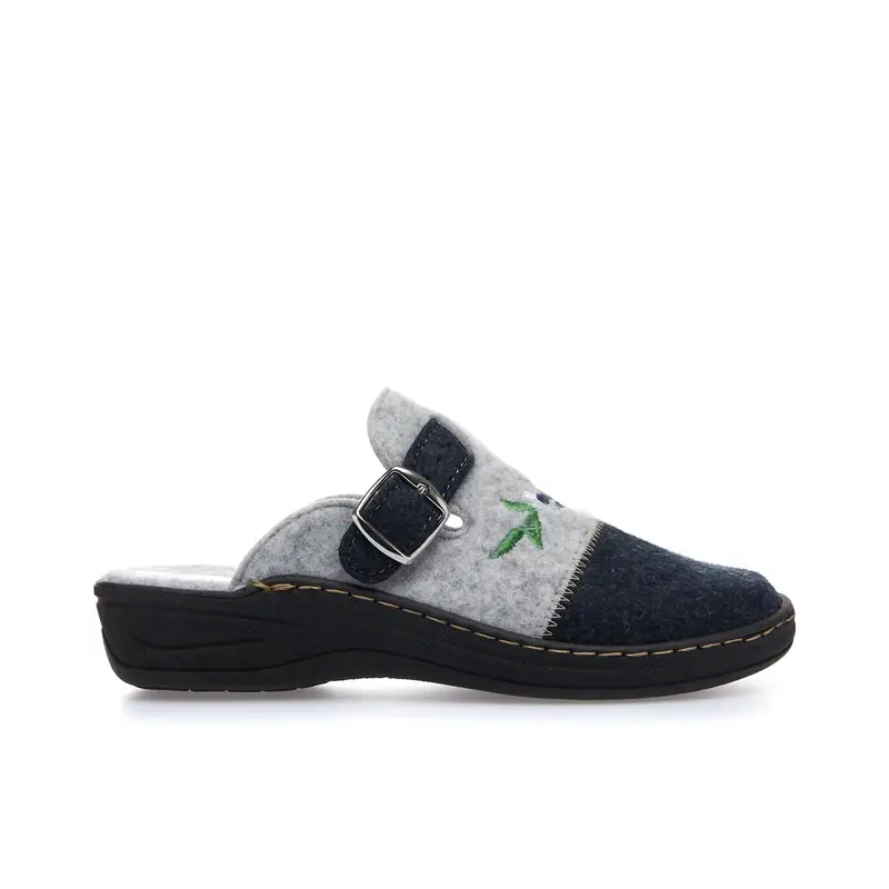 Ciabatte grigie e blu da casa con fibbia e zeppina