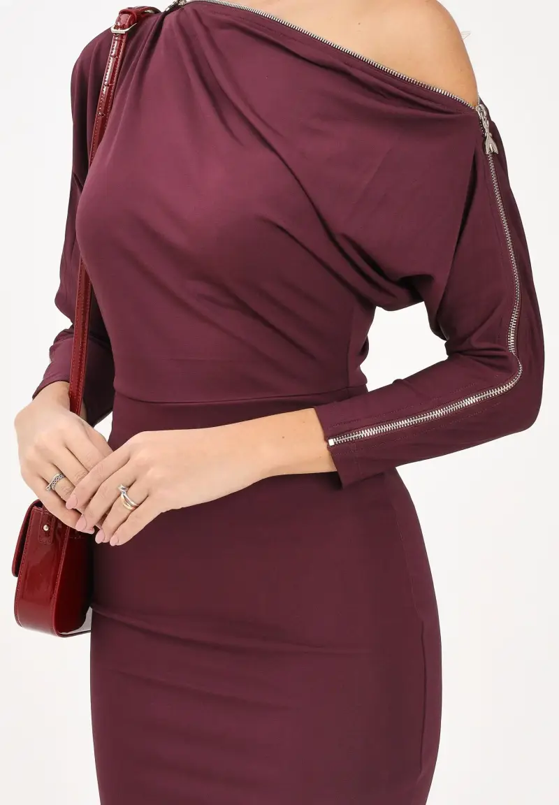 Abito corto bordeaux da donna con zip miniatura 3