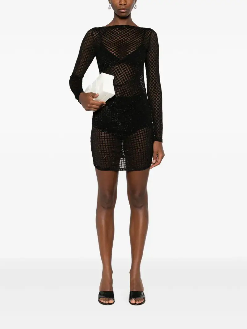Abito corto nero con glitter e inserto in rete miniatura 2