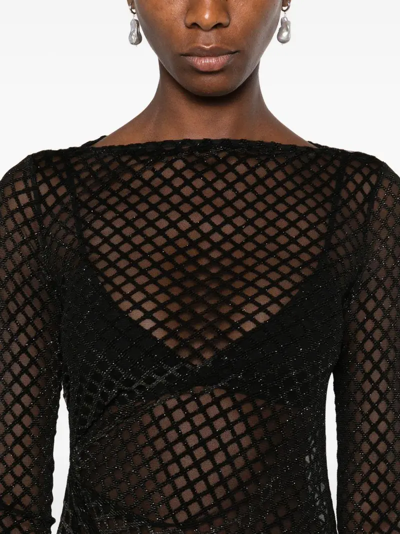 Abito corto nero con glitter e inserto in rete miniatura 3