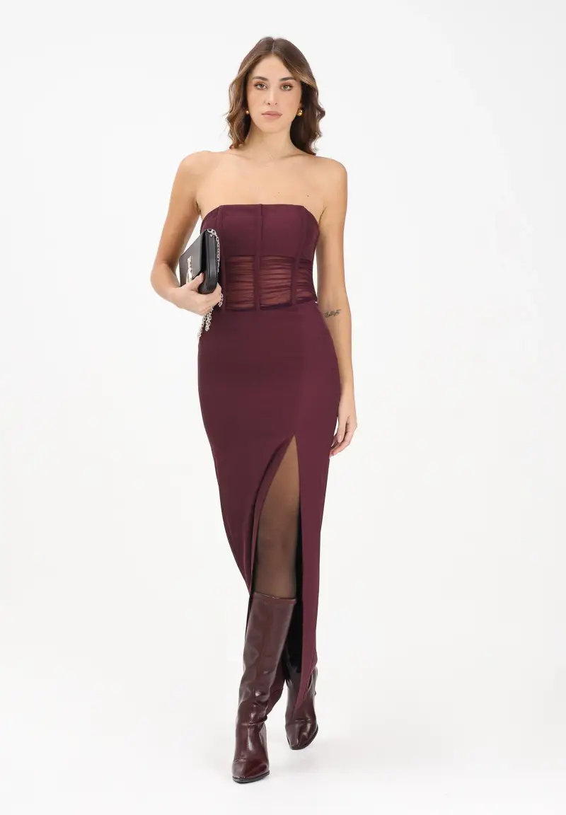 Abito lungo a fascia bordeaux da donna miniatura 2