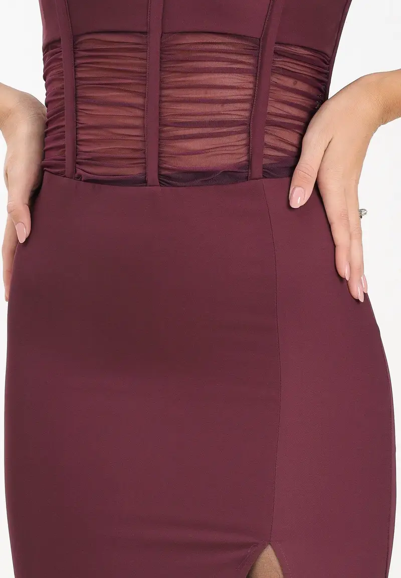 Abito lungo a fascia bordeaux da donna miniatura 3