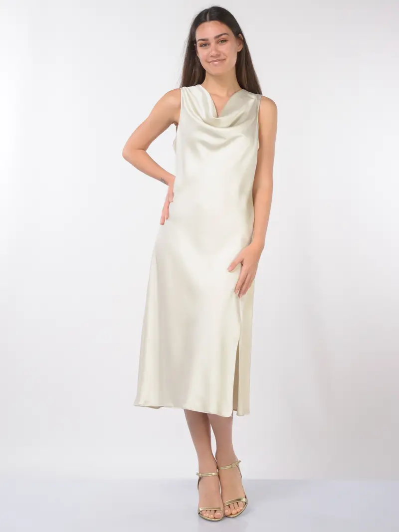 abito lungo da donna Patrizia Pepe effetto raso con scollo a labbro BEIGE miniatura 2