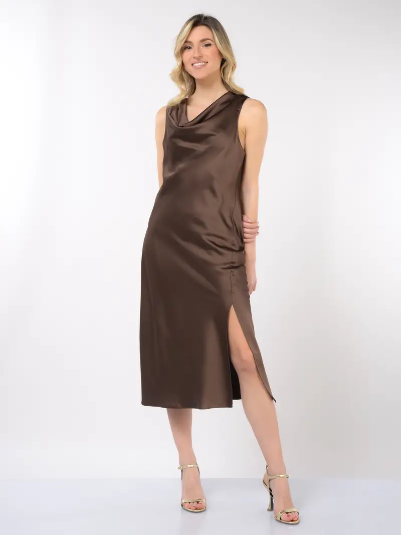 abito lungo da donna Patrizia Pepe effetto raso con scollo a labbro MARRON miniatura 2
