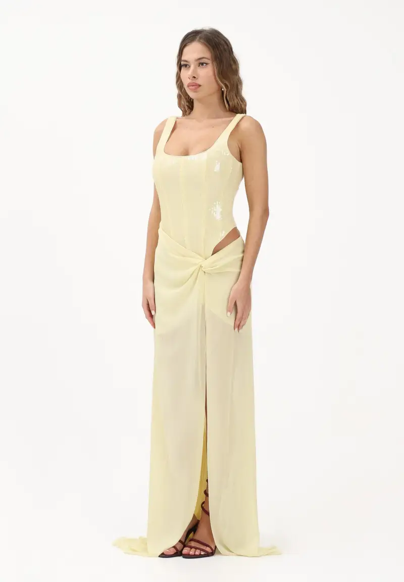 Abito lungo giallo da donna con bustier in paillettes