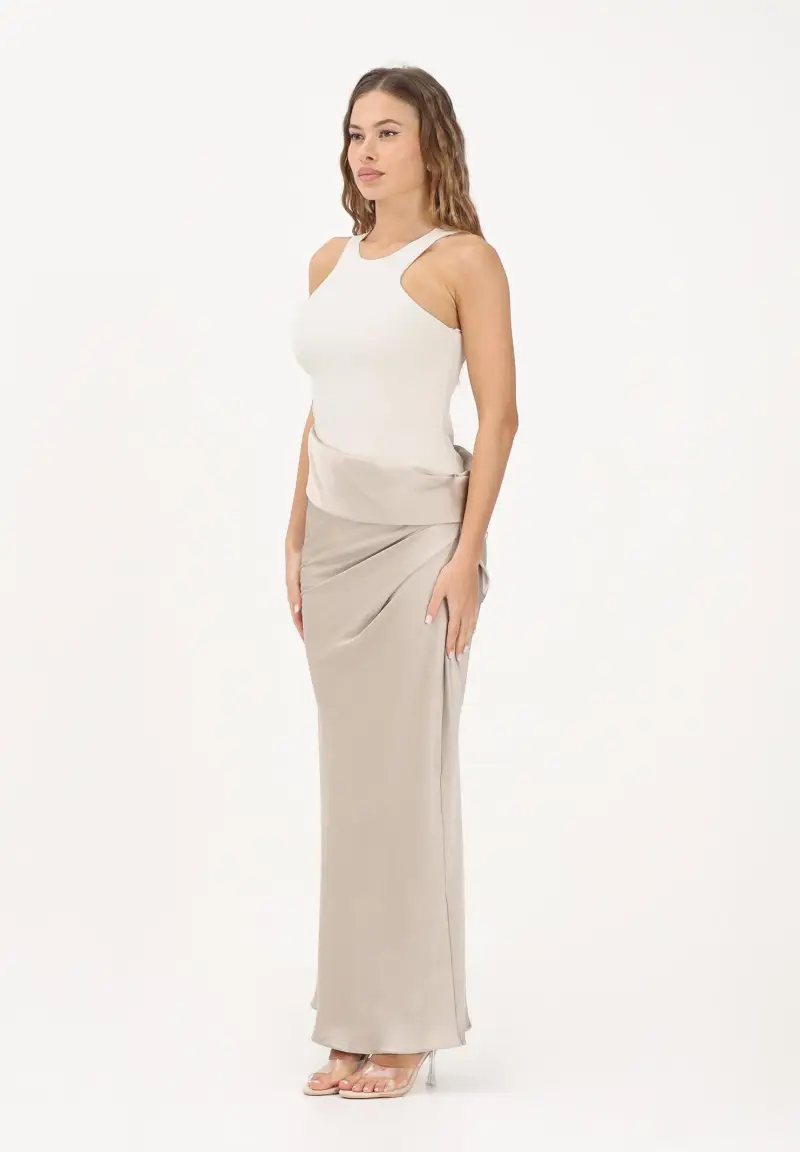 Abito lungo panna e beige da donna in satin