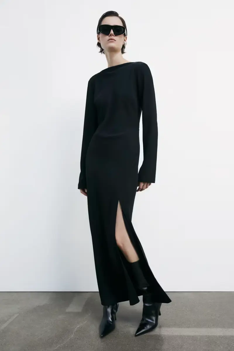 Abito lungo stretch con spacco Nero