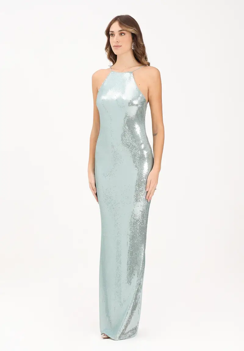 Abito lungo verde acqua da donna con paillettes