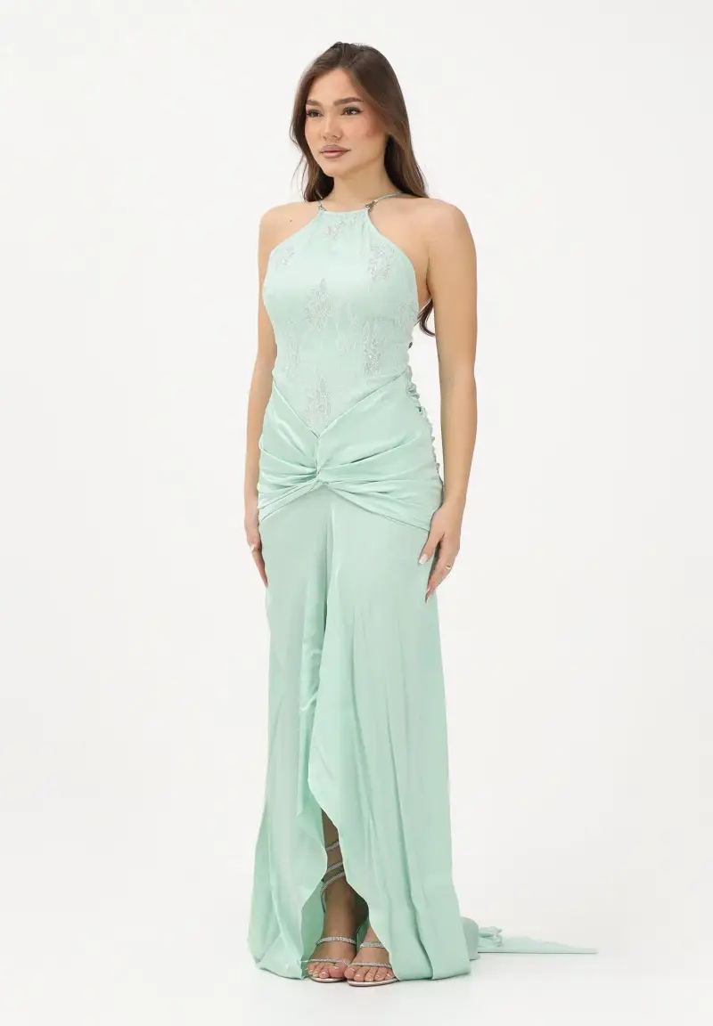 Abito lungo verde menta da donna con inserto gioiello