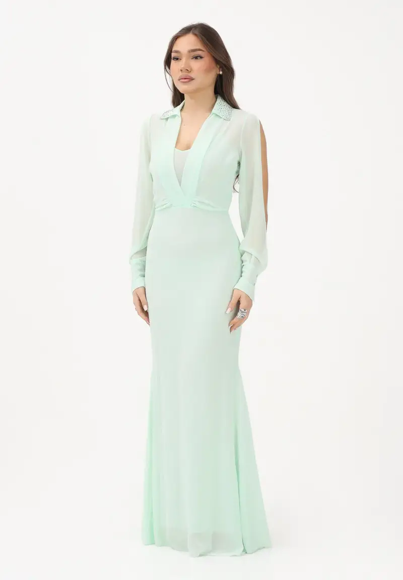 Abito lungo verde menta da donna con scollo a V e maniche con cut-out