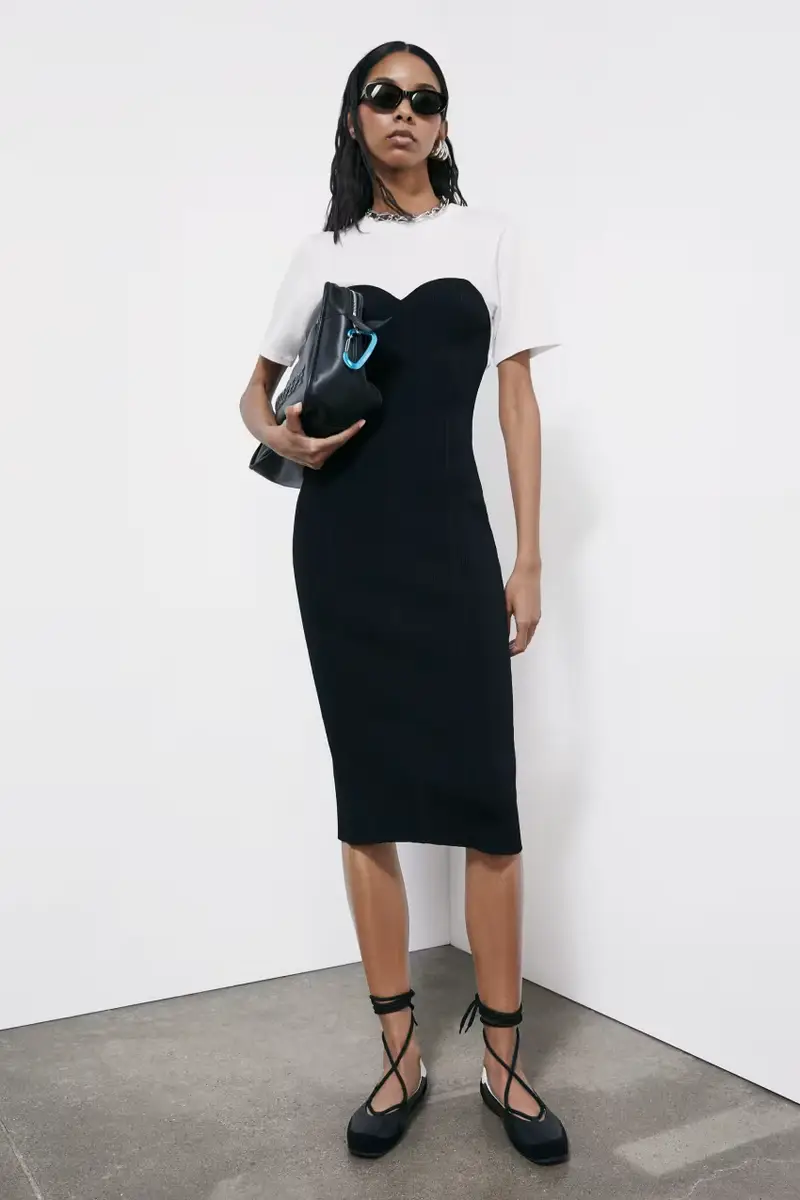 Abito midi aderente in costina con T-shirt Bianco