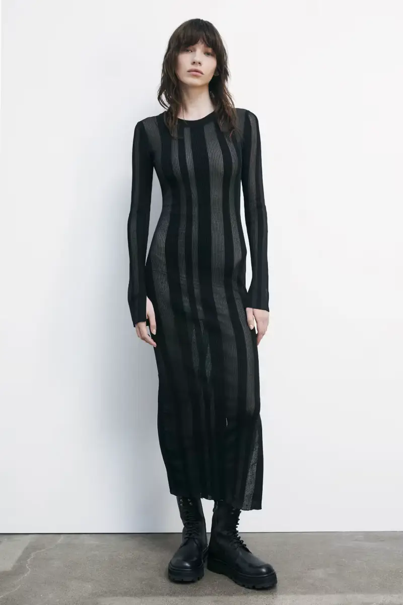 Abito midi aderente in maglia see-through Nero