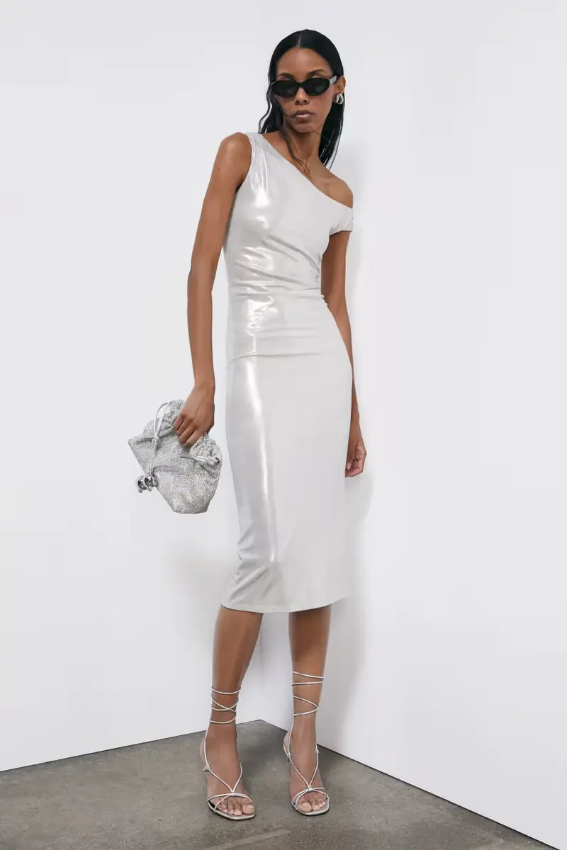 Abito midi asimmetrico laminato