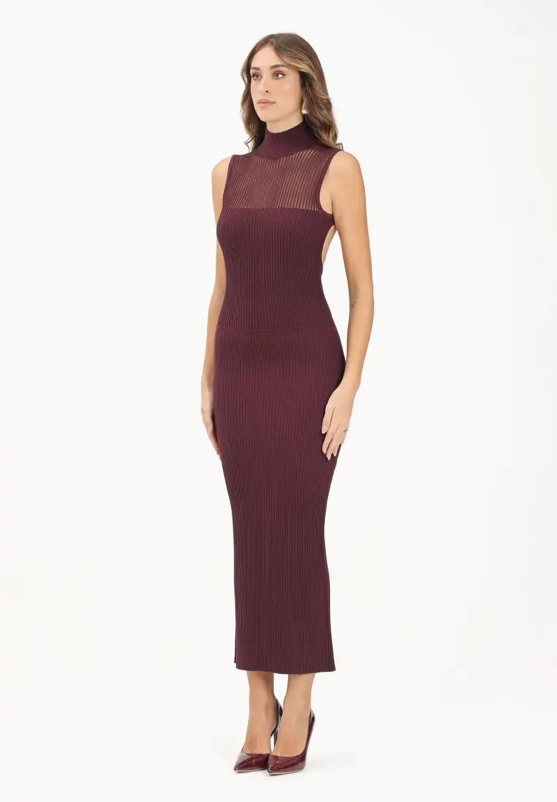 Abito midi bordeaux da donna in maglia a costine