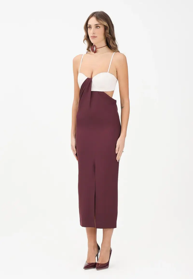 Abito midi bordeaux e panna da donna
