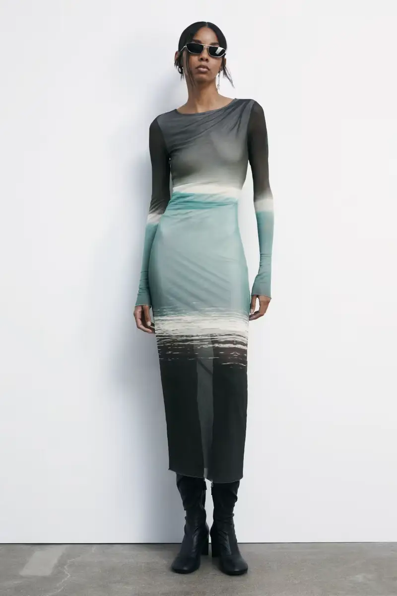 Abito midi degradè in tulle stretch Verde