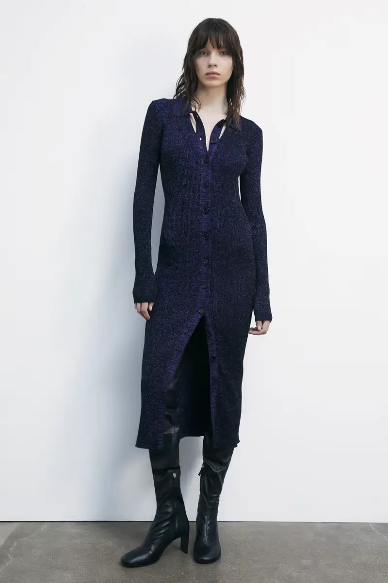 Abito midi in maglia con colletto Viola