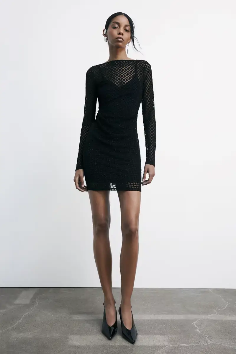 Abito mini stretch con dettagli glitter Nero