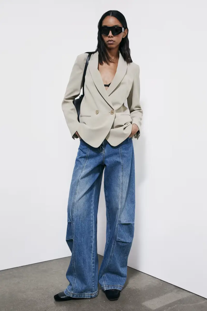 Blazer doppio petto in twill strutturato Beige